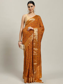 MEENA BAZAAR - Floral Cotton Blend Mustard Saree with Unstitched Blouse