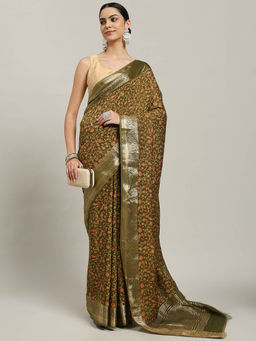 MEENA BAZAAR - Floral Cotton Blend Mehendi Green Saree with Unstitched Blouse