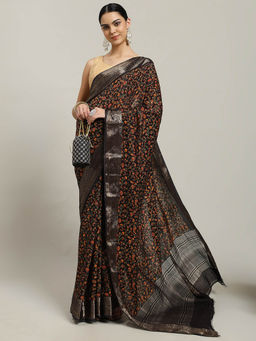 MEENA BAZAAR - Digital Floral Printed Cotton Blend Black Saree with Unstitched Blouse