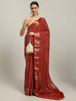MEENA BAZAAR - Digital Floral Printed Cotton Blend Red Saree with Unstitched Blouse