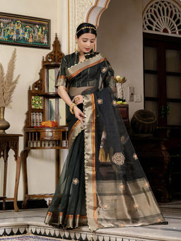 MEENA BAZAAR - Woven Border Tissue Green Saree with Unstitched Blouse