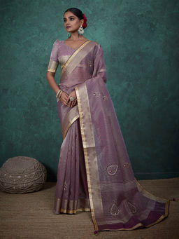 MEENA BAZAAR - Woven Border Linen Lavender Saree with Unstitched Blouse