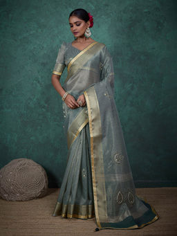 MEENA BAZAAR - Woven Border Linen Green Saree with Unstitched Blouse