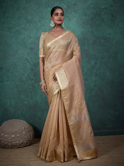 MEENA BAZAAR - Woven Border Linen Beige Saree with Unstitched Blouse