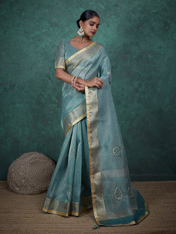 MEENA BAZAAR - Woven Border Linen Blue Saree with Unstitched Blouse