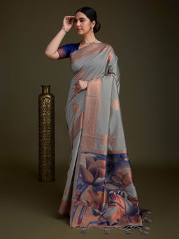 MEENA BAZAAR - Tassels Booti Art Silk Woven Grey Saree with Unstitched Blouse