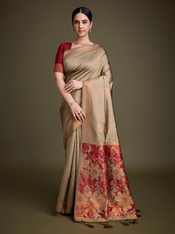 MEENA BAZAAR - Tassels Booti Art Silk Woven Black Saree with Unstitched Blouse
