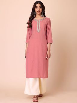 Indya - Peach Thread Embroidered Rayon Kurta