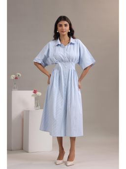 June 9 Clothing - Women Blue Striped Pleated Cotton Midi Dress