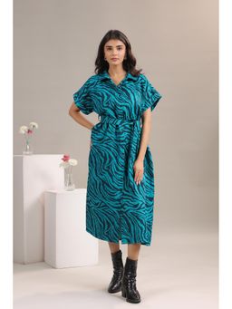 June 9 Clothing - Women Teal Animal Print Midi Shirt Dress with Belt