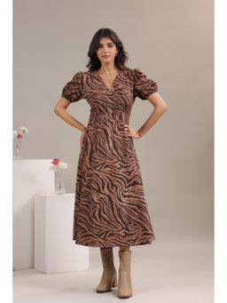 June 9 Clothing - Women Brown Animal Print Cotton Linen Midi Dress