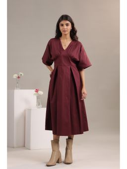 June 9 Clothing - Women Wine Colour Pleated Midi Dress