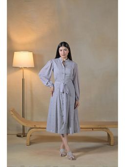 Ombrello - Grey Embroidered Midi Dress with Belt