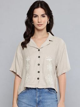 Scoup - Beige Embroidered Stripe Shirt
