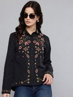 Scoup - Black Floral Embroidered Casual Shirt