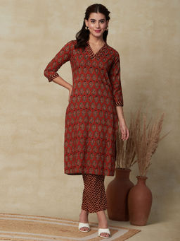 FASHOR - Floral & Chevron Printed Kurta with Pant - Rust (Set of 2)