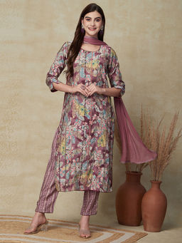 FASHOR - Floral Printed Kurta with Pant & Dupatta - Lavender (Set of 3)