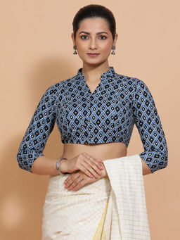 Binks - Nafeeza Blue Mandarin Neck Printed Stitched Blouse