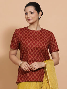 Binks - Tanvi Red Crew Neck Printed Stitched Blouse