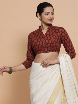 Binks - Tanvi Red Mandarin Neck Printed Stitched Blouse