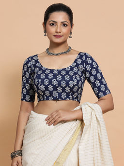 Binks - Avni Blue Round Neck Printed Stitched Blouse