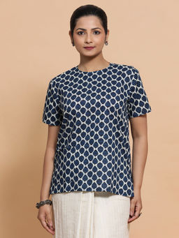 Binks - Raisa X Tyohaar Blue Crew Neck Printed Stitched Blouse