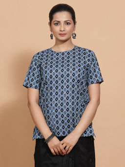 Binks - Arya X Tyohaar Blue Crew Neck Printed Stitched Blouse