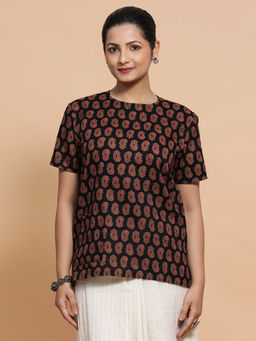 Binks - Tanvi Black Crew Neck Printed Stitched Blouse