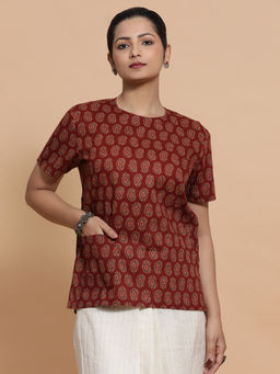 Binks - Arya Red Crew Neck Printed Stitched Blouse