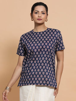 Binks - Raisa X Tyohaar Blue Crew Neck Printed Stitched Blouse