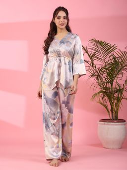 SAY - Women Floral Multi-Color V-Neck Satin Night Suit (Set of 2)