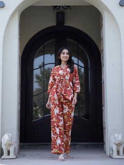 SAY - Women Floral Red V-Neck Cotton Night Suit (Set of 2)