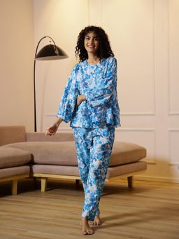 SAY - Women Floral Blue Round Neck Cotton Night Suit (Set of 2)