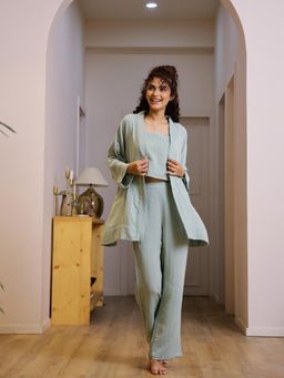 SAY - Women Solid/Plain Green Square Neck Cotton Night Suit (Set of 4)