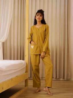 SAY - Women Solid/Plain Mustard Mandarian Neck Cotton Night Suit (Set of 2)