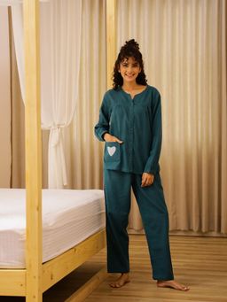 SAY - Women Solid/Plain Teal Mandarian Neck Cotton Night Suit (Set of 2)
