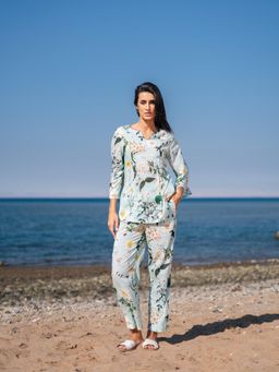 SAY - Women Floral Blue Round Neck Cotton Night Suit (Set of 2)