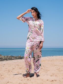 SAY - Women Floral Pink Mandarin Collar Cotton Night Suit (Set of 2)