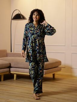 SAY - Women Printed Blue Mandarian Neck Cotton Night Suit (Set of 2)