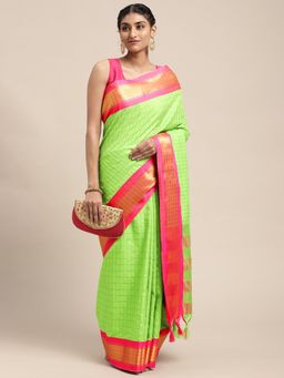 Vastranand - Green Checked Pure Silk Gadwal Saree with Unstitched Blouse