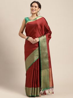 Mimosa - Women's Kanjivaram Art Silk Red Saree with Unstitched Blouse