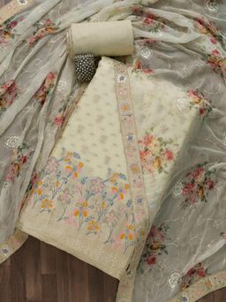 Koskii - Yellow Flortal Printed & Zariwork Art Silk Unstitched Salwar Suit (Set of Three)