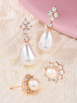 Zaveri Pearls - Set of 2 Rose Gold Cubic Zirconia Contemporary Stud Earrings-ZPFK13469