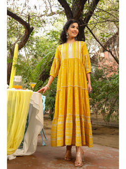Juniper - Mustard Geometric Printed Rayon Tiered Maxi Dress with Buttons & Lace