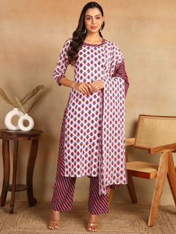 Mokshi - Womens Maroon Floral Printed Kurta & Palazzo with Dupatta (Set of 3)