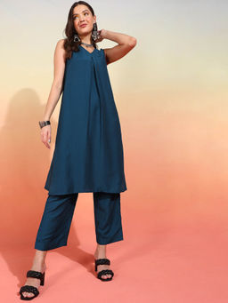 Mokshi - Womens Blue Solid Kurta with Palazzo (Set of 2)