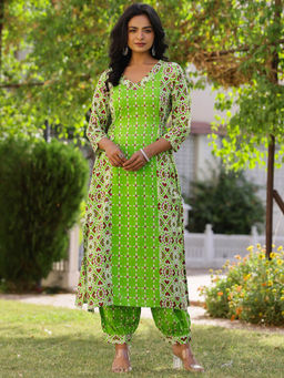Mokshi - Womens Green Printed Kurta with Salwar (Set of 2)
