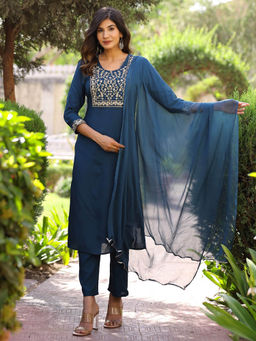 Mokshi - Womens Blue Embroidered Solid Kurta & Pant with Dupatta (Set of 3)