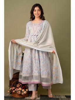 Mokshi - Womens Blue Floral Printed Kurta & Pant with Dupatta (Set of 3)