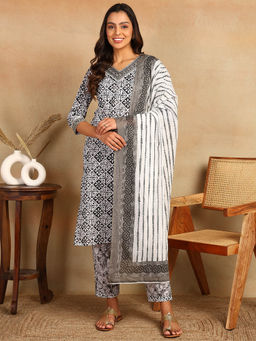 Mokshi - Womens Grey Embroidered Printed Kurta & Pant with Dupatta (Set of 3)